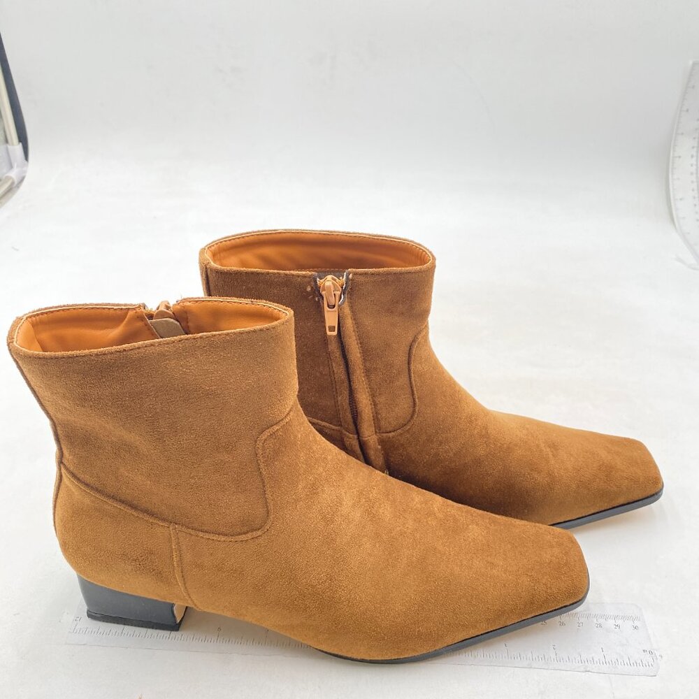 miss left Women's Square Closed Toe Low Chunky Heel Ankle Booties Brown - Picture 4 of 8